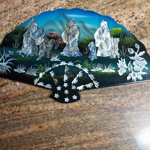 Vintage Oriental particular fan shape painting in lacquered wood,hand painted.